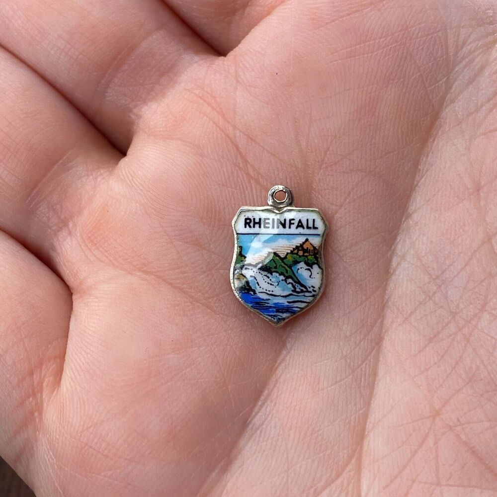 Vintage 800 Silver "Rheinfall" Rhine Falls Travel Shield Pendant Bracelet Charm